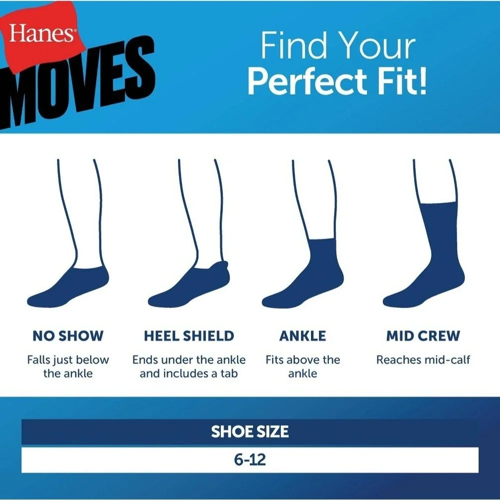 Hanes Premium Men's Socks Heel Shield Performance Fit X-Temp 3-Pr Size 6-12 Blue